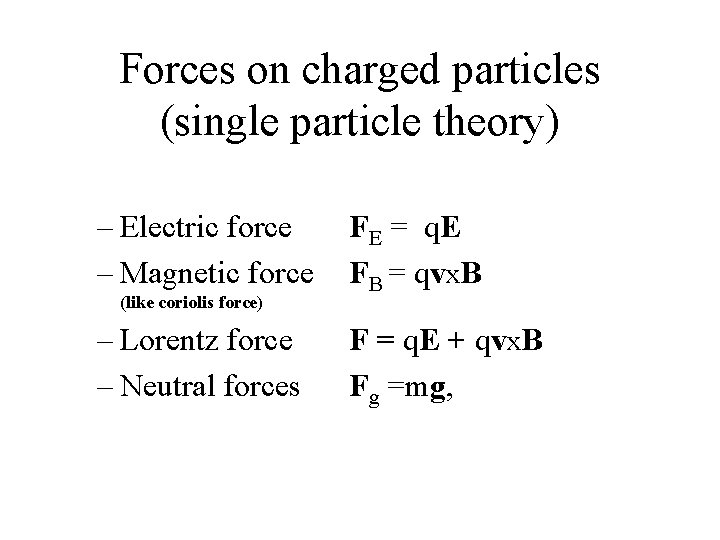 Forces on charged particles (single particle theory) – Electric force – Magnetic force (like