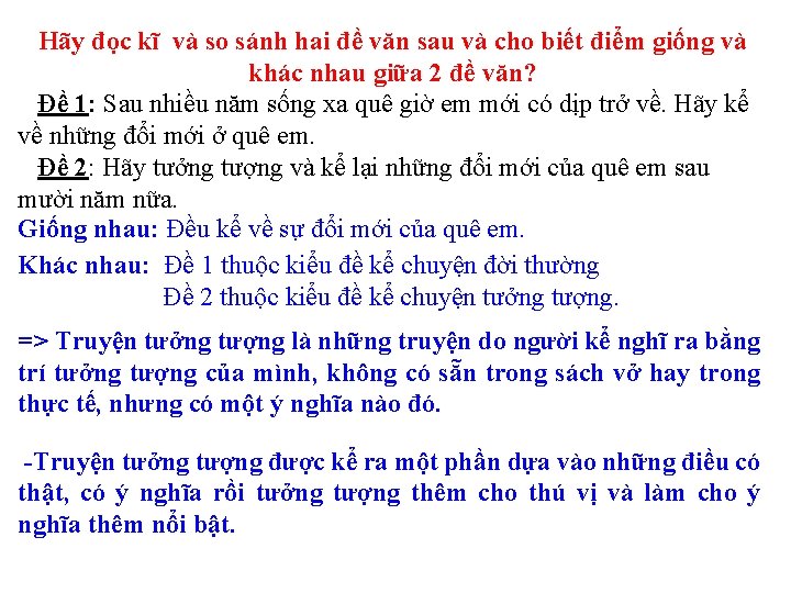 Hãy đọc kĩ và so sánh hai đề văn sau và cho biết điểm