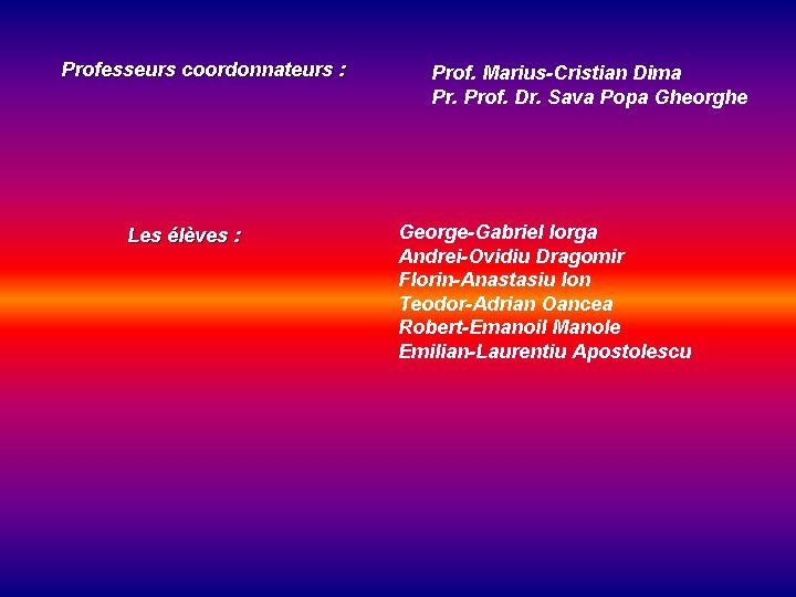 Professeurs coordonnateurs : Les élèves : Prof. Marius-Cristian Dima Pr. Prof. Dr. Sava Popa