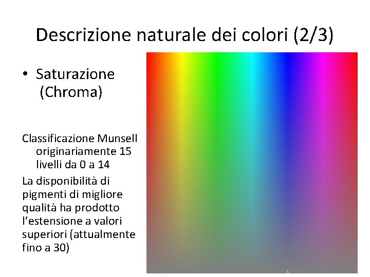 Descrizione naturale dei colori (2/3) • Saturazione (Chroma) Classificazione Munsell originariamente 15 livelli da