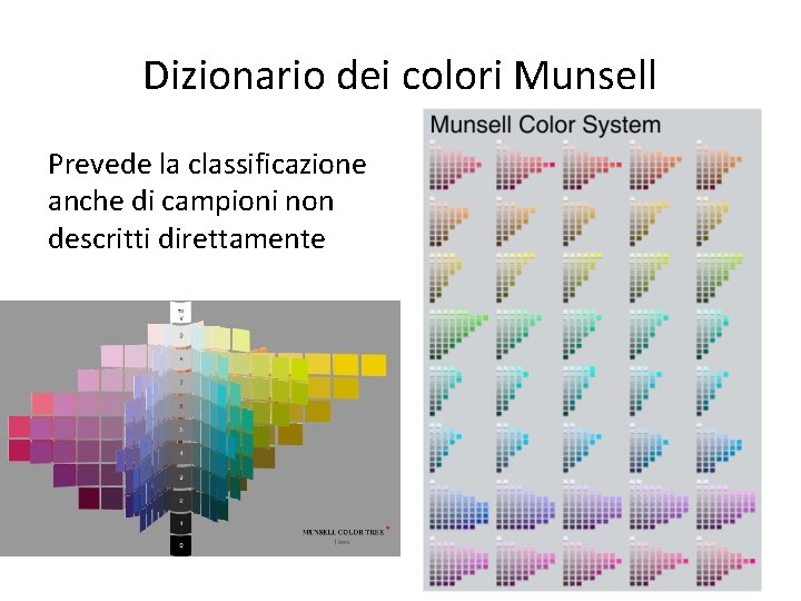 Dizionario dei colori Munsell Prevede la classificazione anche di campioni non descritti direttamente 