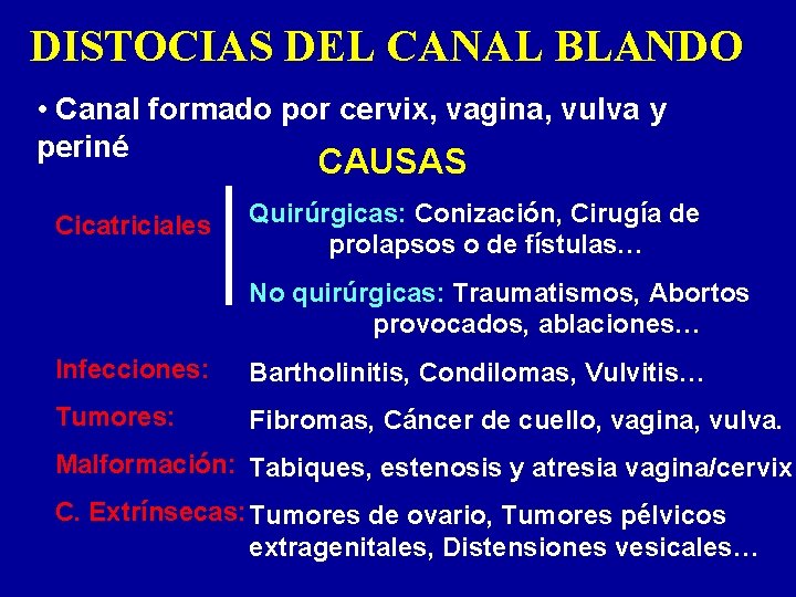 DISTOCIAS DEL CANAL BLANDO • Canal formado por cervix, vagina, vulva y periné CAUSAS