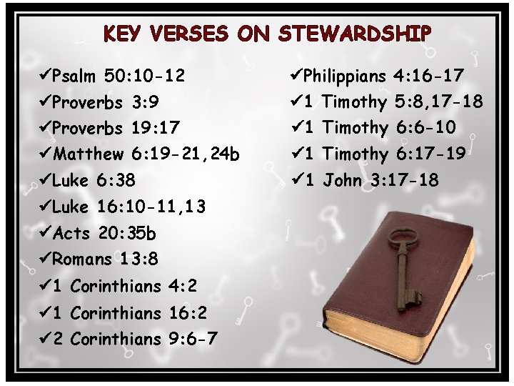 KEY VERSES ON STEWARDSHIP Psalm 50: 10 -12 Philippians 4: 16 -17 Proverbs 3: