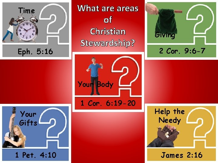 Time Eph. 5: 16 What areas of Christian Stewardship? Giving 2 Cor. 9: 6
