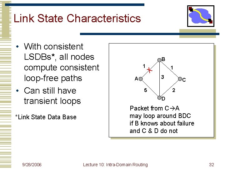 Link State Characteristics • With consistent LSDBs*, all nodes compute consistent loop-free paths •