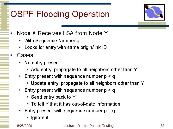 OSPF Flooding Operation • Node X Receives LSA from Node Y • With Sequence