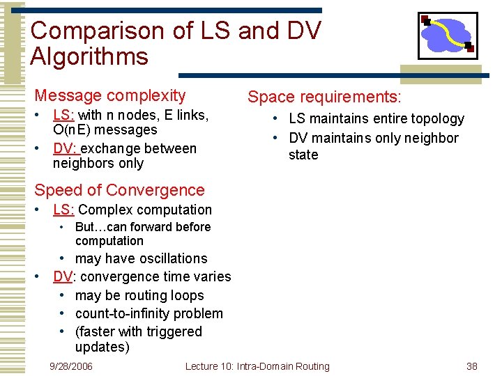 Comparison of LS and DV Algorithms Message complexity • LS: with n nodes, E