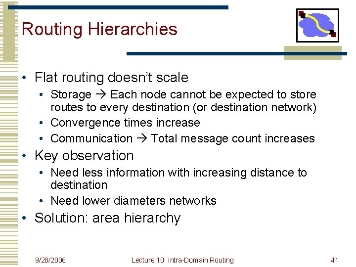 Routing Hierarchies • Flat routing doesn’t scale • Storage Each node cannot be expected