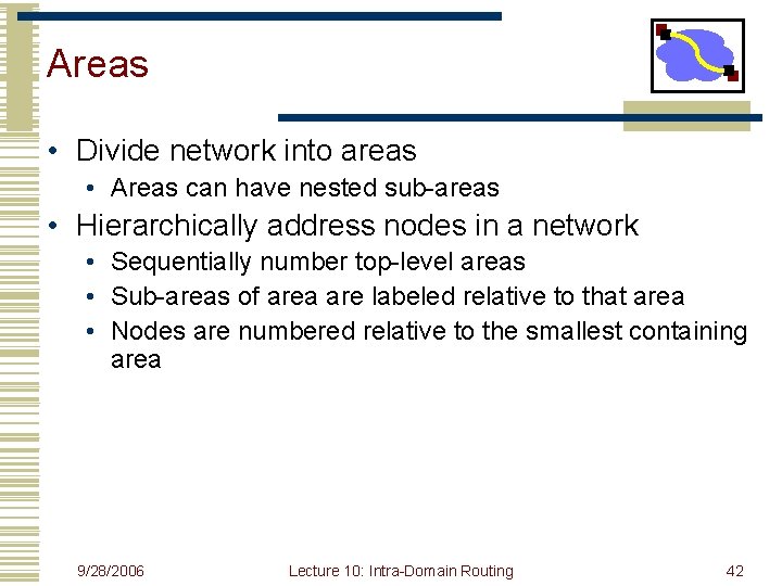 Areas • Divide network into areas • Areas can have nested sub-areas • Hierarchically