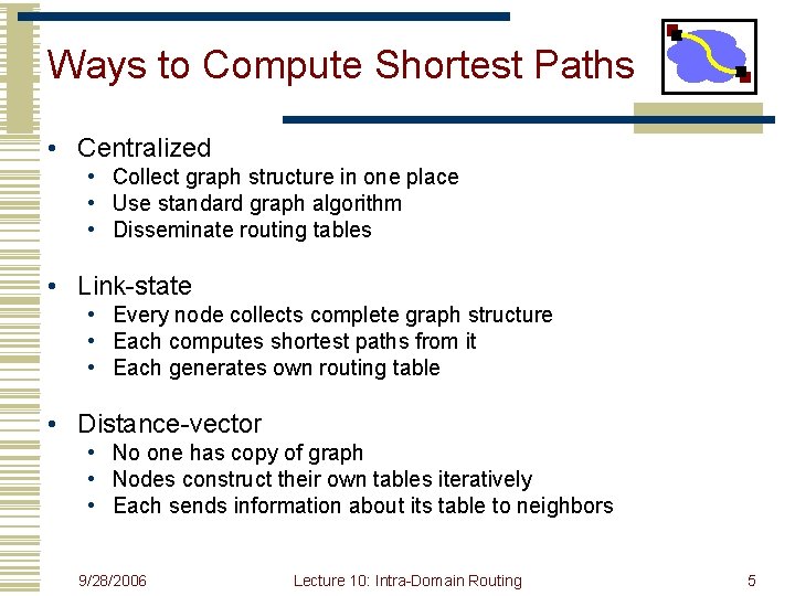 Ways to Compute Shortest Paths • Centralized • Collect graph structure in one place