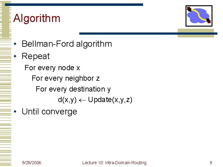 Algorithm • Bellman-Ford algorithm • Repeat For every node x For every neighbor z