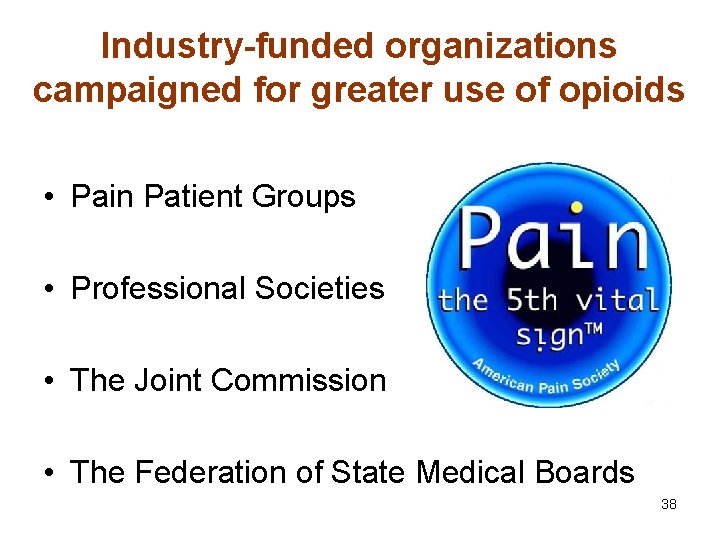 Industry-funded organizations campaigned for greater use of opioids • Pain Patient Groups • Professional