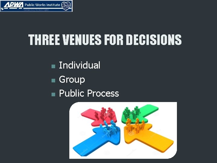 THREE VENUES FOR DECISIONS n n n Individual Group Public Process 