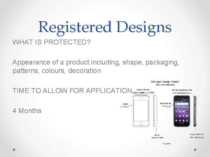 Registered Designs WHAT IS PROTECTED? Appearance of a product including, shape, packaging, patterns, colours,