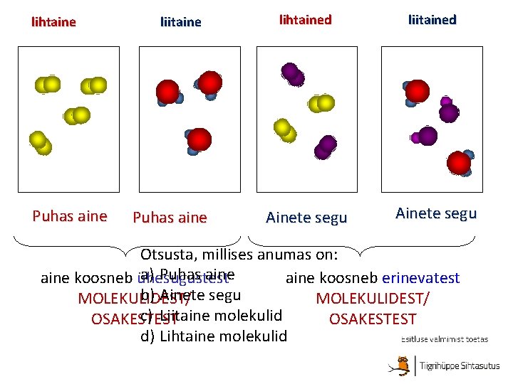 lihtaine Puhas aine liitaine Puhas aine lihtained liitained Ainete segu Otsusta, millises anumas on: