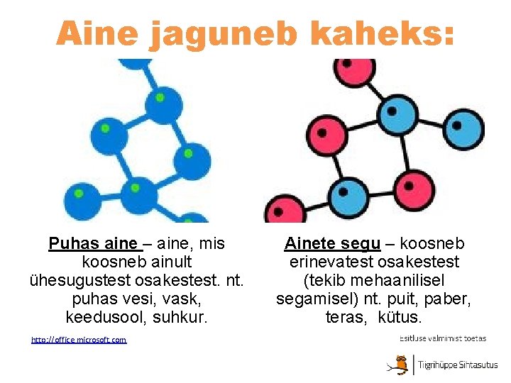 Aine jaguneb kaheks: Puhas aine – aine, mis koosneb ainult ühesugustest osakestest. nt. puhas