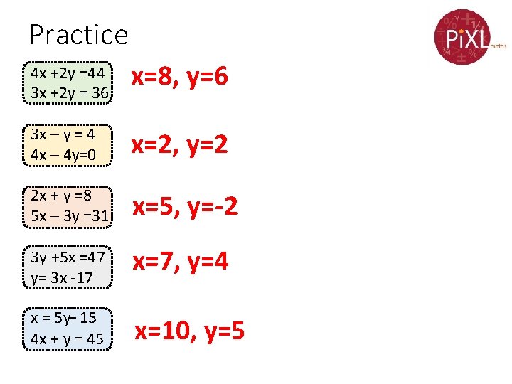 Practice 4 x +2 y =44 3 x +2 y = 36 x=8, y=6