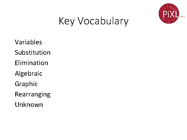 Key Vocabulary Variables Substitution Elimination Algebraic Graphic Rearranging Unknown 