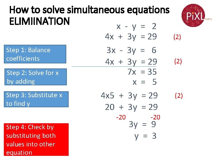 How to solve simultaneous equations ELIMIINATION x - y = 2 Step 1: Balance