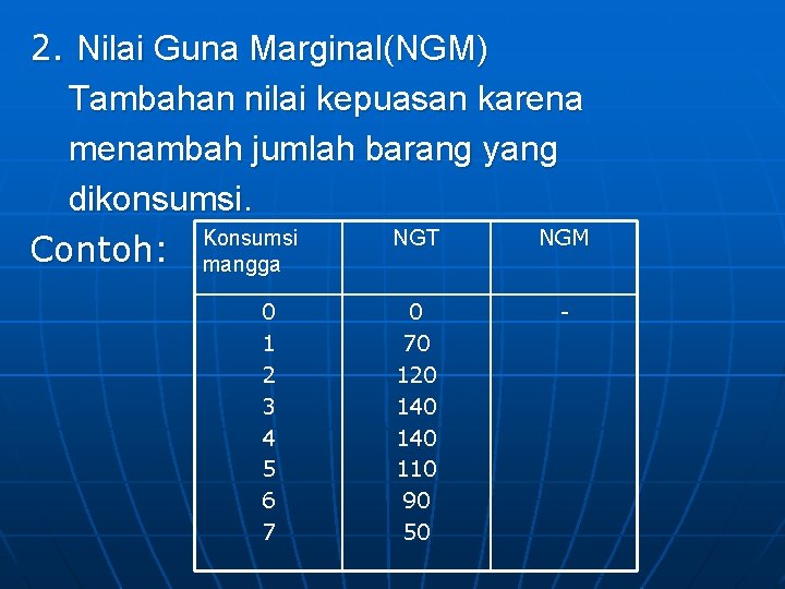 2. Nilai Guna Marginal(NGM) Tambahan nilai kepuasan karena menambah jumlah barang yang dikonsumsi. Konsumsi