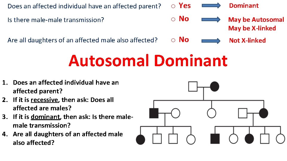 Does an affected individual have an affected parent? o Yes Dominant Is there male-male