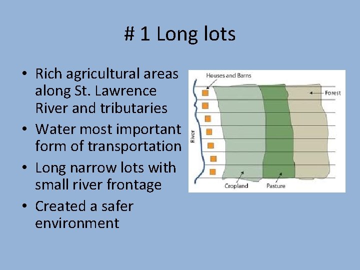 # 1 Long lots • Rich agricultural areas along St. Lawrence River and tributaries