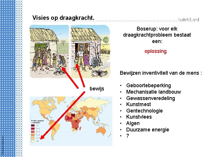 Visies op draagkracht. Boserup: voor elk draagkrachtprobleem bestaat een: oplossing Bewijzen inventiviteit van de