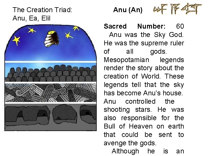 The Creation Triad: Anu, Ea, Elil Anu (An) Sacred Number: 60 Anu was the