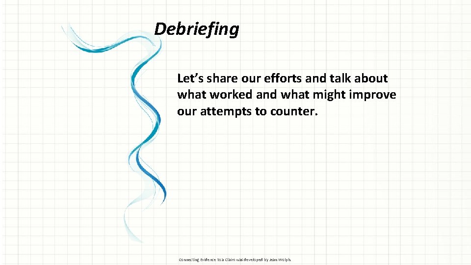 Debriefing Let’s share our efforts and talk about what worked and what might improve