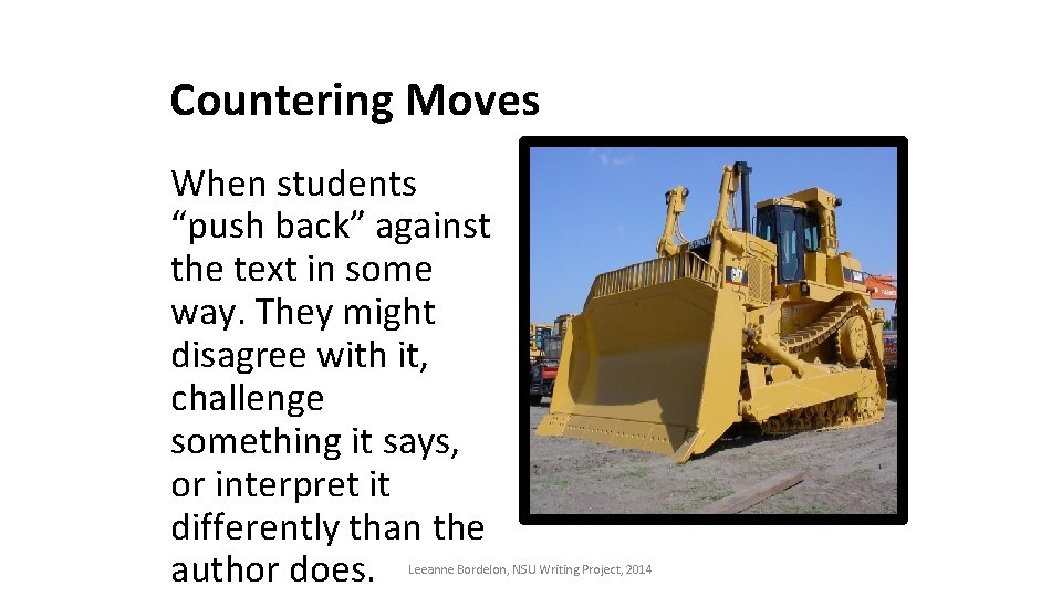 Countering Moves When students “push back” against the text in some way. They might