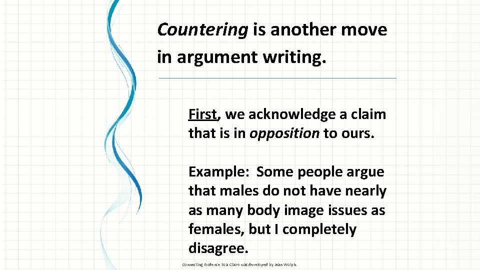 Countering is another move in argument writing. First, we acknowledge a claim that is