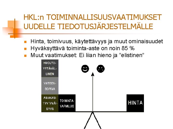 HKL: n TOIMINNALLISUUSVAATIMUKSET UUDELLE TIEDOTUSJÄRJESTELMÄLLE n n n Hinta, toimivuus, käytettävyys ja muut ominaisuudet