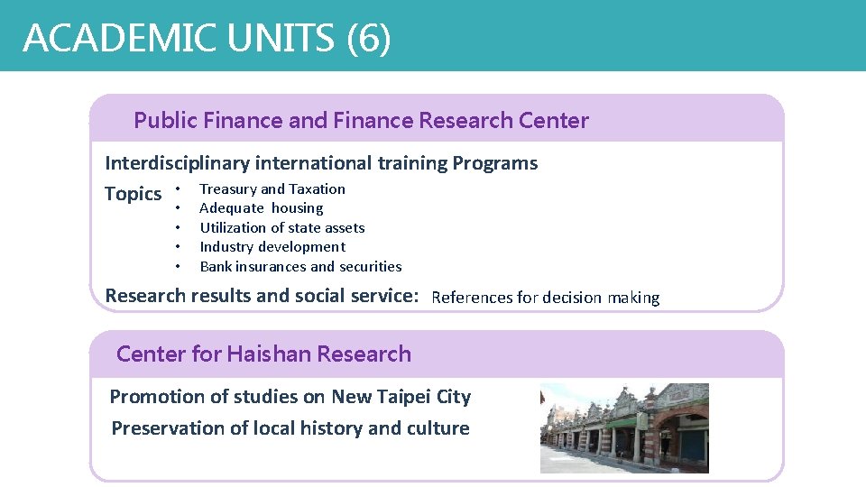 ACADEMIC UNITS (6) Public Finance and Finance Research Center Interdisciplinary international training Programs Topics