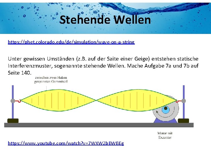 Stehende Wellen https: //phet. colorado. edu/de/simulation/wave-on-a-string Unter gewissen Umständen (z. B. auf der Saite