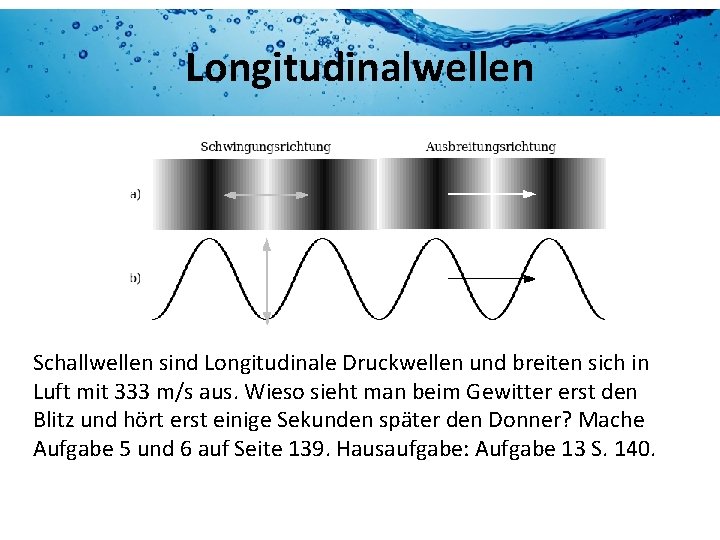 Longitudinalwellen Schallwellen sind Longitudinale Druckwellen und breiten sich in Luft mit 333 m/s aus.