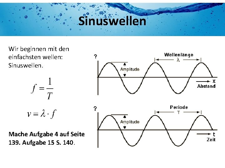 Sinuswellen Wir beginnen mit den einfachsten wellen: Sinuswellen. Mache Aufgabe 4 auf Seite 139.