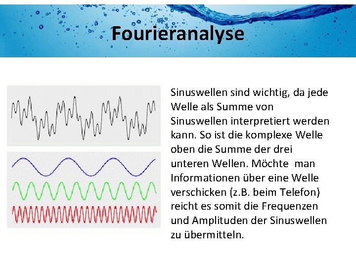 Fourieranalyse Sinuswellen sind wichtig, da jede Welle als Summe von Sinuswellen interpretiert werden kann.