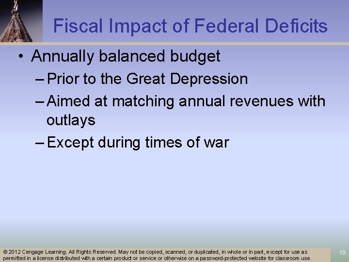 Fiscal Impact of Federal Deficits • Annually balanced budget – Prior to the Great