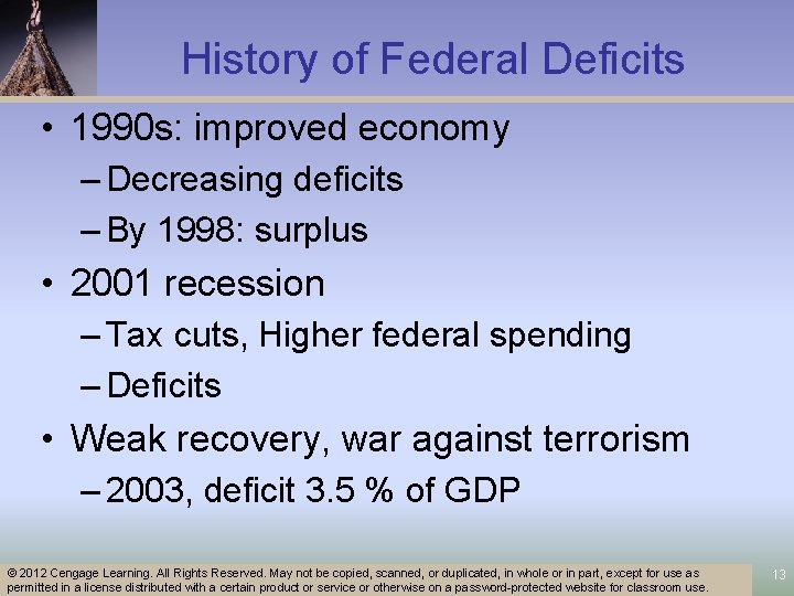 History of Federal Deficits • 1990 s: improved economy – Decreasing deficits – By