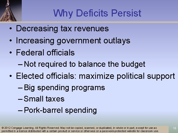 Why Deficits Persist • Decreasing tax revenues • Increasing government outlays • Federal officials