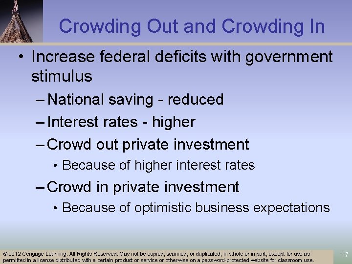 Crowding Out and Crowding In • Increase federal deficits with government stimulus – National