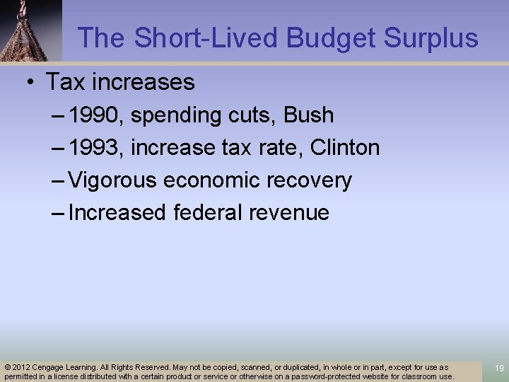 The Short-Lived Budget Surplus • Tax increases – 1990, spending cuts, Bush – 1993,