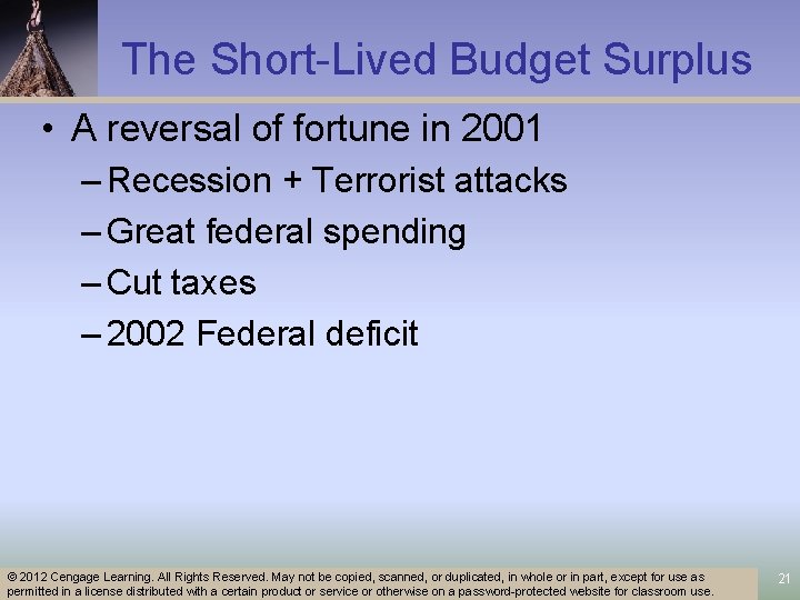 The Short-Lived Budget Surplus • A reversal of fortune in 2001 – Recession +