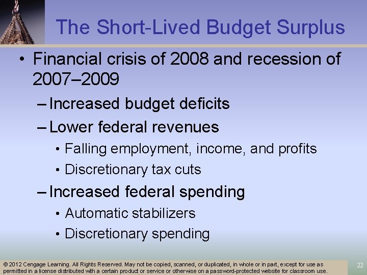 The Short-Lived Budget Surplus • Financial crisis of 2008 and recession of 2007– 2009