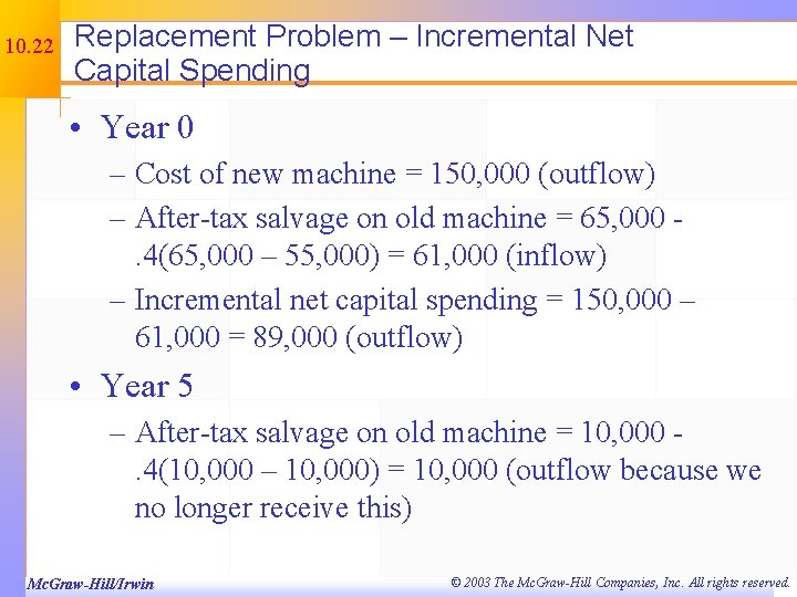 10. 22 Replacement Problem – Incremental Net Capital Spending • Year 0 – Cost