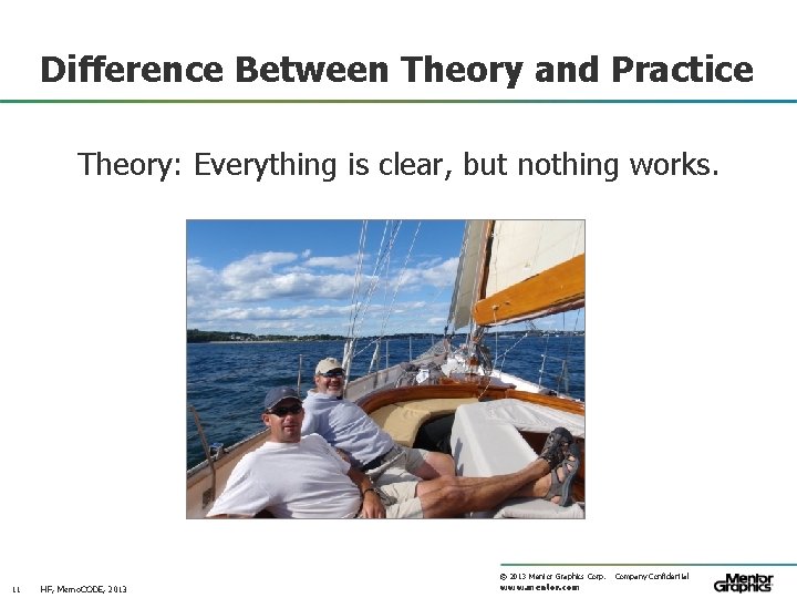 Difference Between Theory and Practice Theory: Everything is clear, but nothing works. © 2013