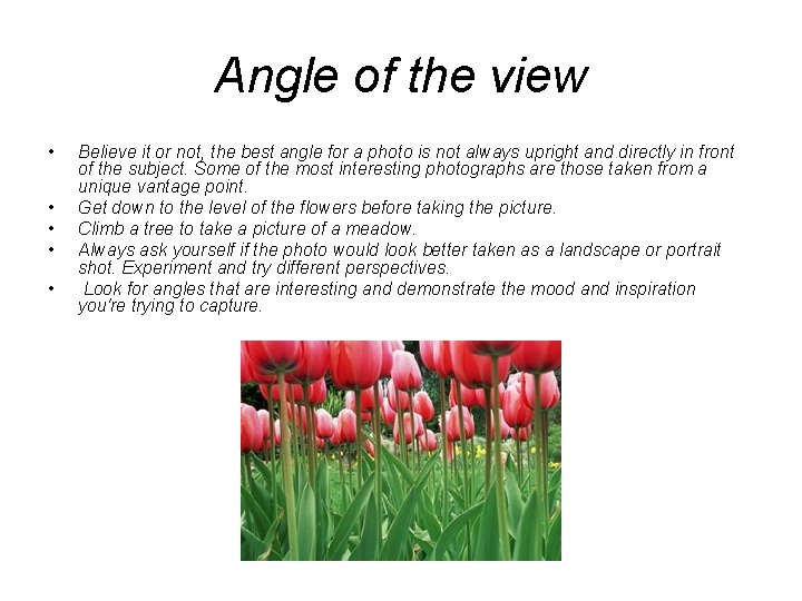 Angle of the view • • • Believe it or not, the best angle