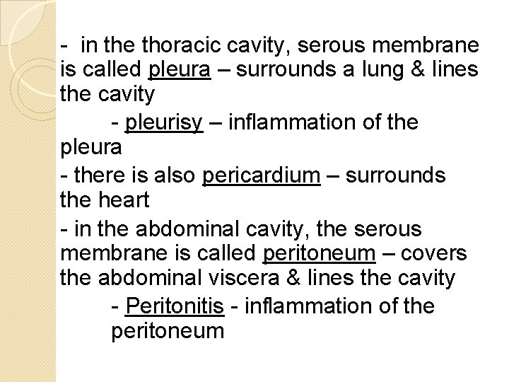 - in the thoracic cavity, serous membrane is called pleura – surrounds a lung