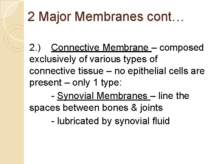 2 Major Membranes cont… 2. ) Connective Membrane – composed exclusively of various types