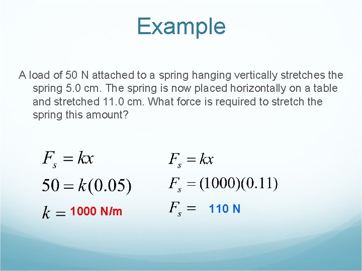 Example A load of 50 N attached to a spring hanging vertically stretches the